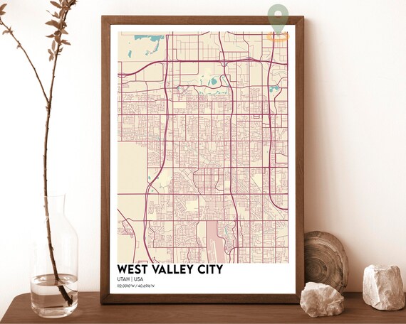 West Valley City Utah Map Poster Cream Burgundy Minimalist Art