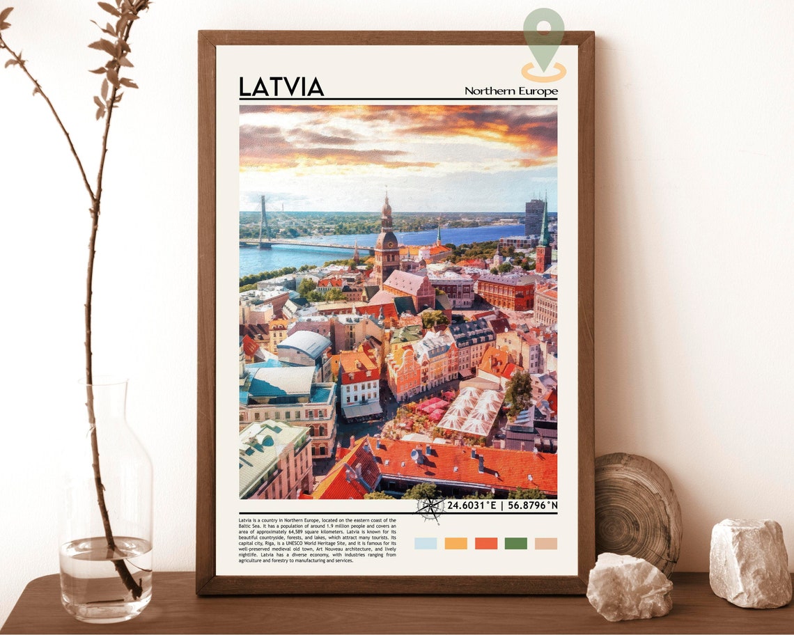 Riga Latvia Old Town Sunset River Skyline Historic Art Poster