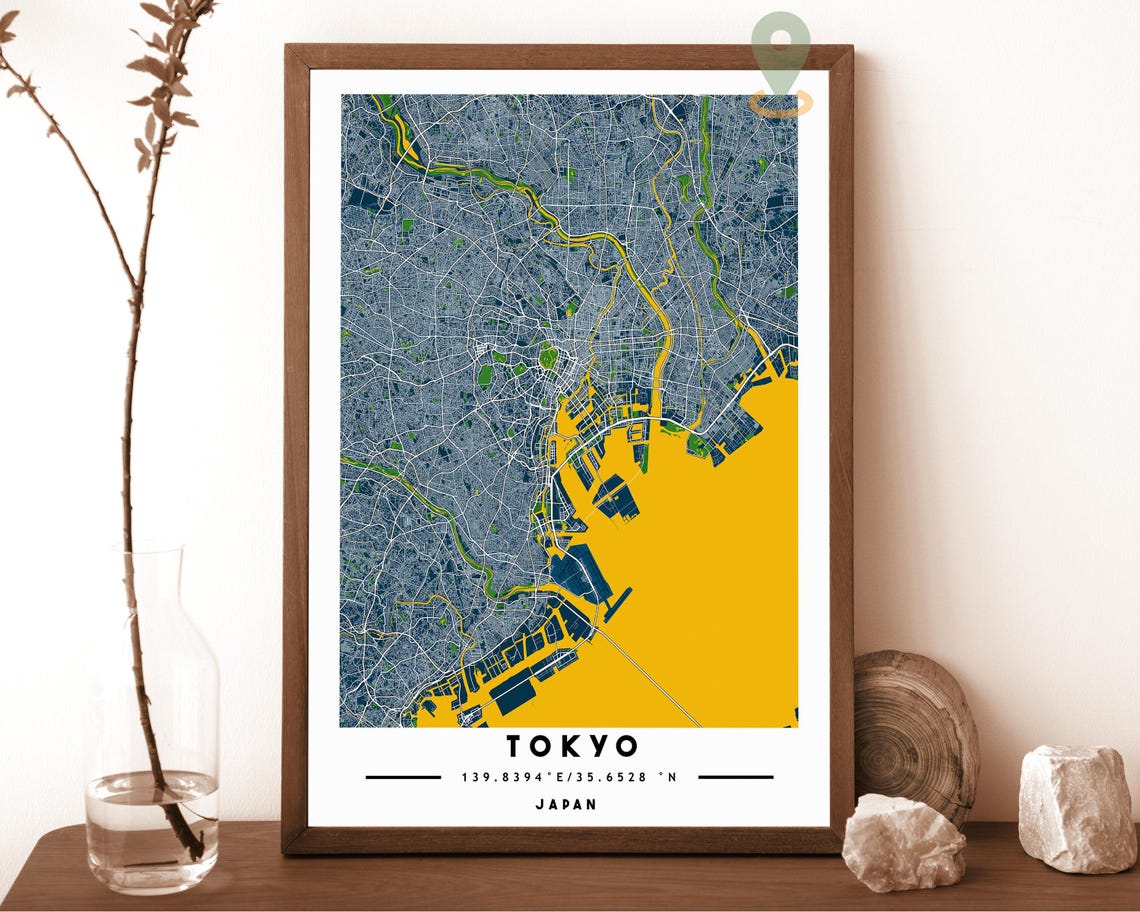 Tokyo Japan City Street Map Blue Yellow Poster Wall Decor Art