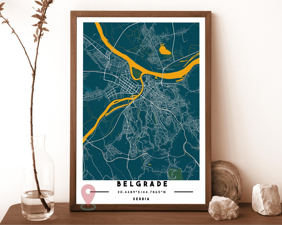 Belgrade Serbia navy with a golden Danube river Street Map Coordinates Poster - Image 4