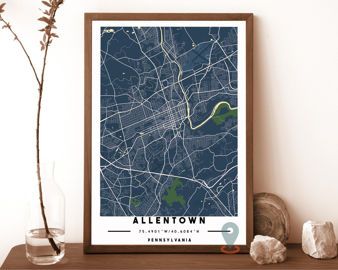 Allentown Pennsylvania warm beige with brown streets Street Map Coordinates Poster - Image 2