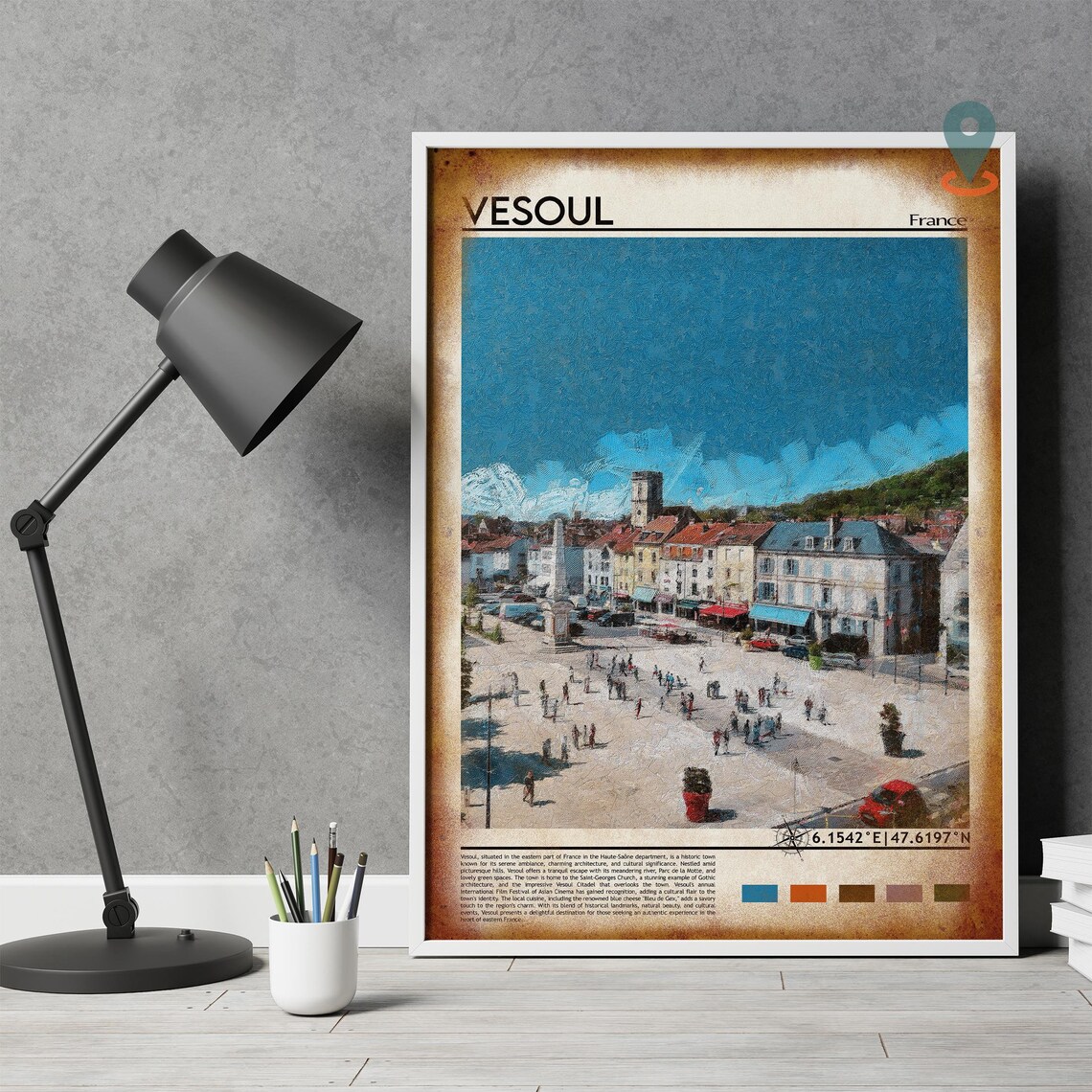 Vesoul France Historic Town Square Painted Old Town Travel Poster - Image 4
