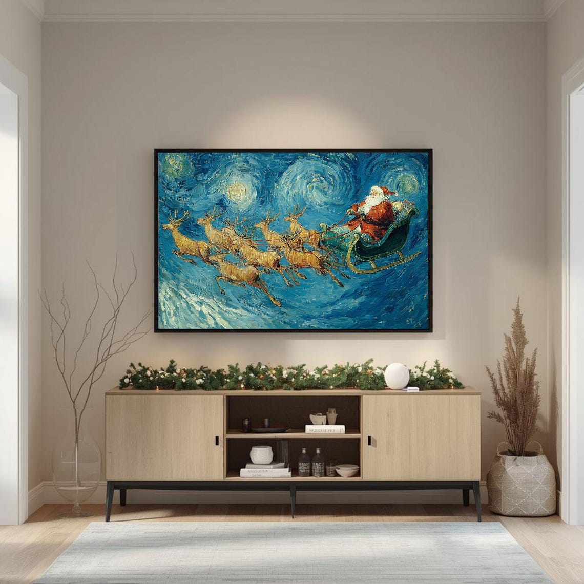 Starry Night Santa Sleigh Reindeer Flight Grand Holiday Wall Art