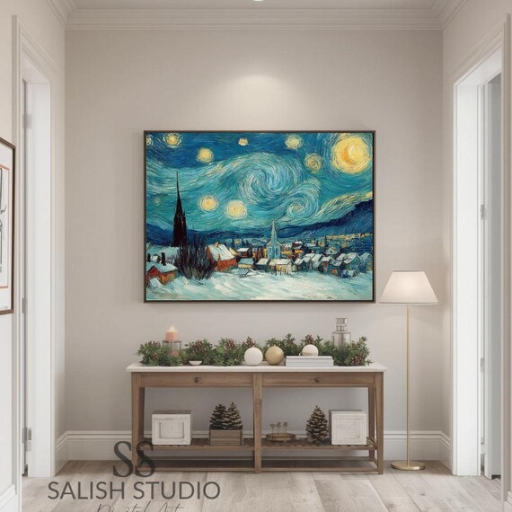 Winter Village Landscape Print Moody Night Sky Painting