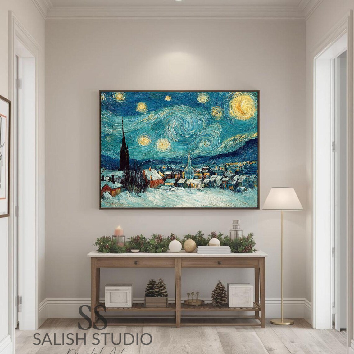 Starry Night Style Winter Village Church Spires Snowy Night Art Poster