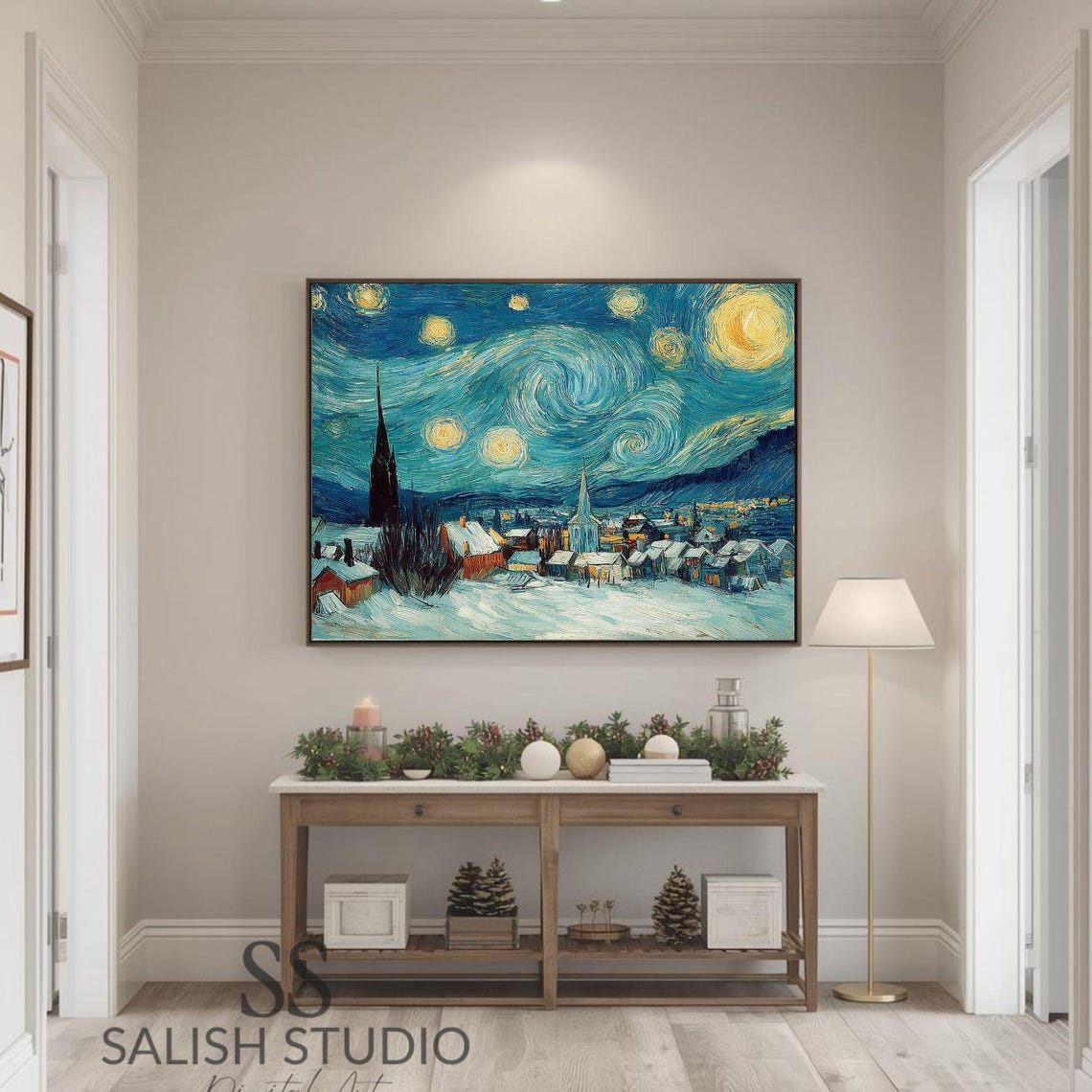Winter Village Landscape Print Moody Night Sky Painting
