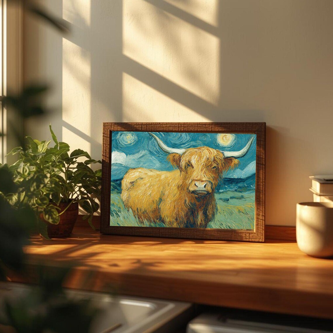 Highland Cow Starry Night Poster Shaggy Coo Impressionist Farm Animal Art