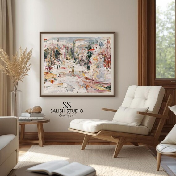 Winter Snowy Street Impressionist Snowman Festive Holiday Scene Poster