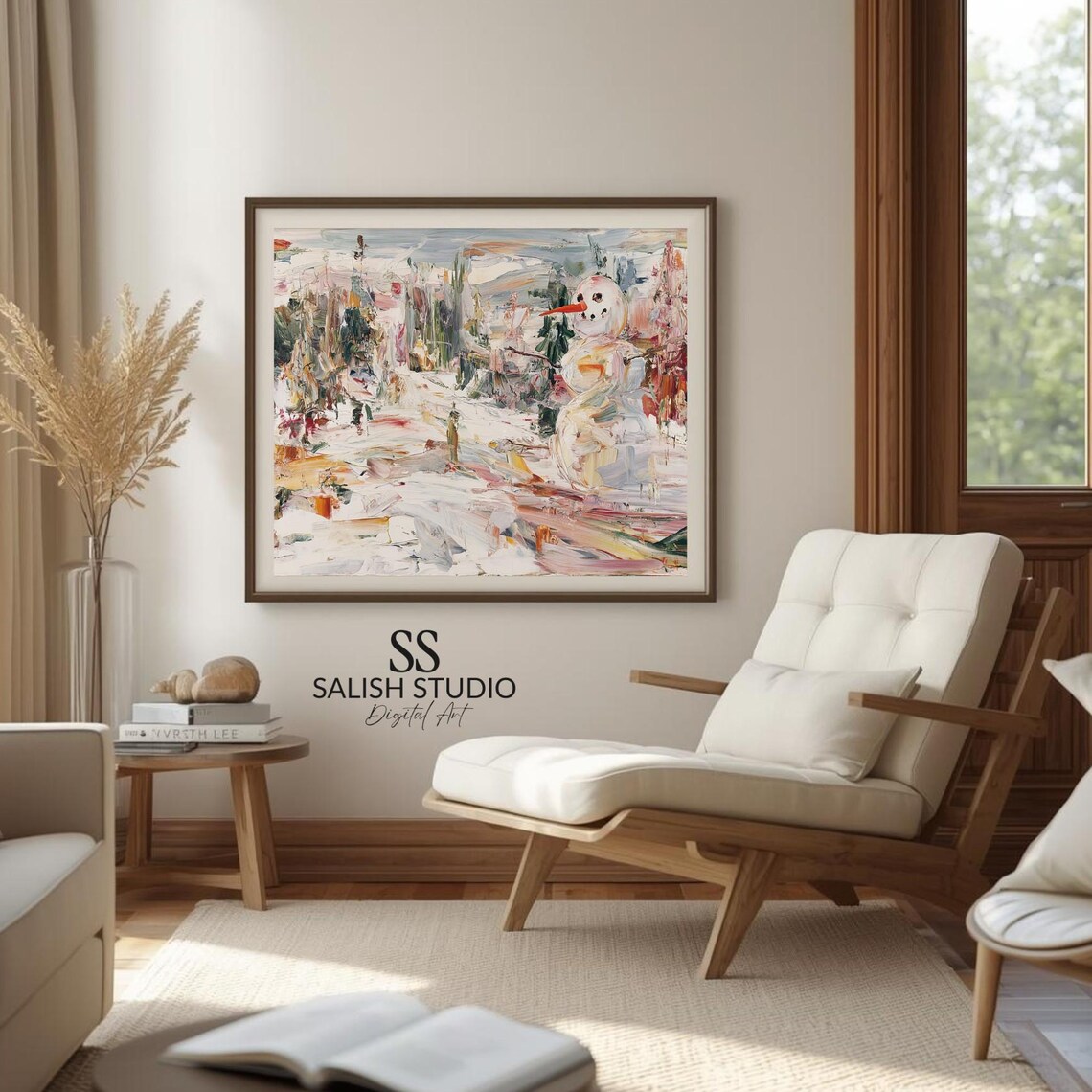 Winter Snowy Street Impressionist Snowman Festive Holiday Scene Poster