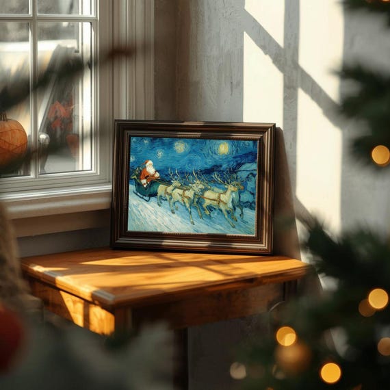 Santa Sleigh Over Snowy Road Starry Night Christmas Wall Art