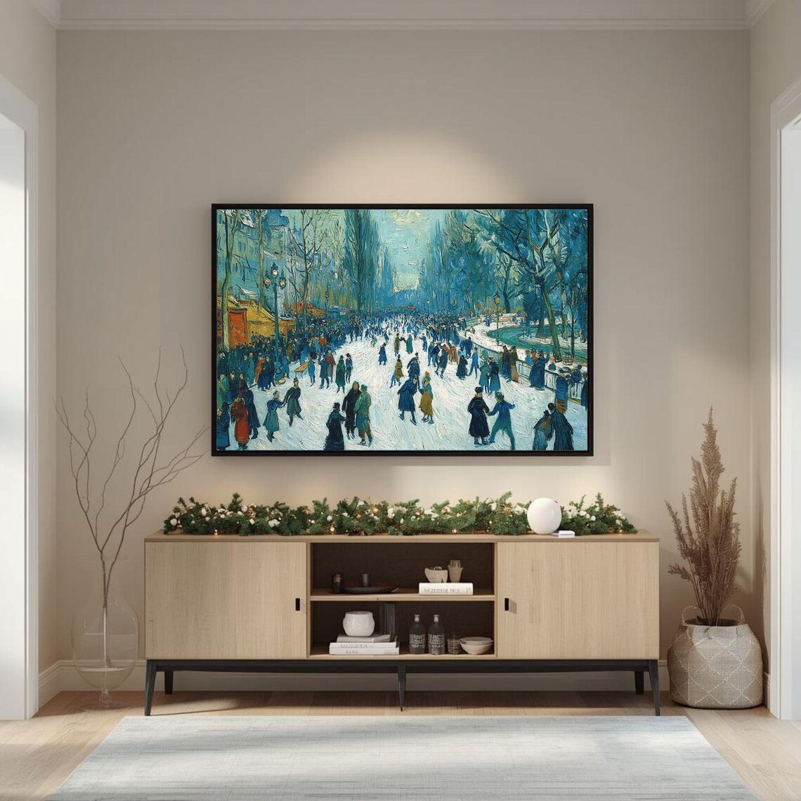 Snowy City Park Winter Crowd Impressionist Scene Painting Poster