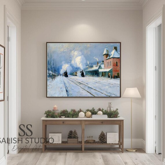 Vintage Winter Train Station Snowy Railroad Impressionist Poster