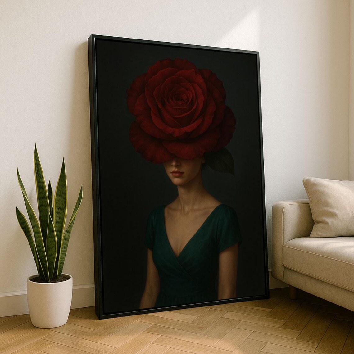 Woman With Red Rose Over Face Dark Moody Floral Portrait Art Poster