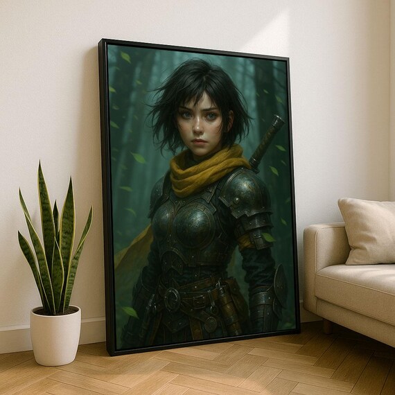 Warrior Woman in Armor with Sword Yellow Scarf Misty Forest Art Poster