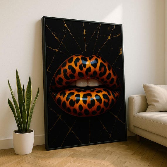 Leopard Print Lips Modern Canvas Wall Art Bold Living Room Decor Statement Piece