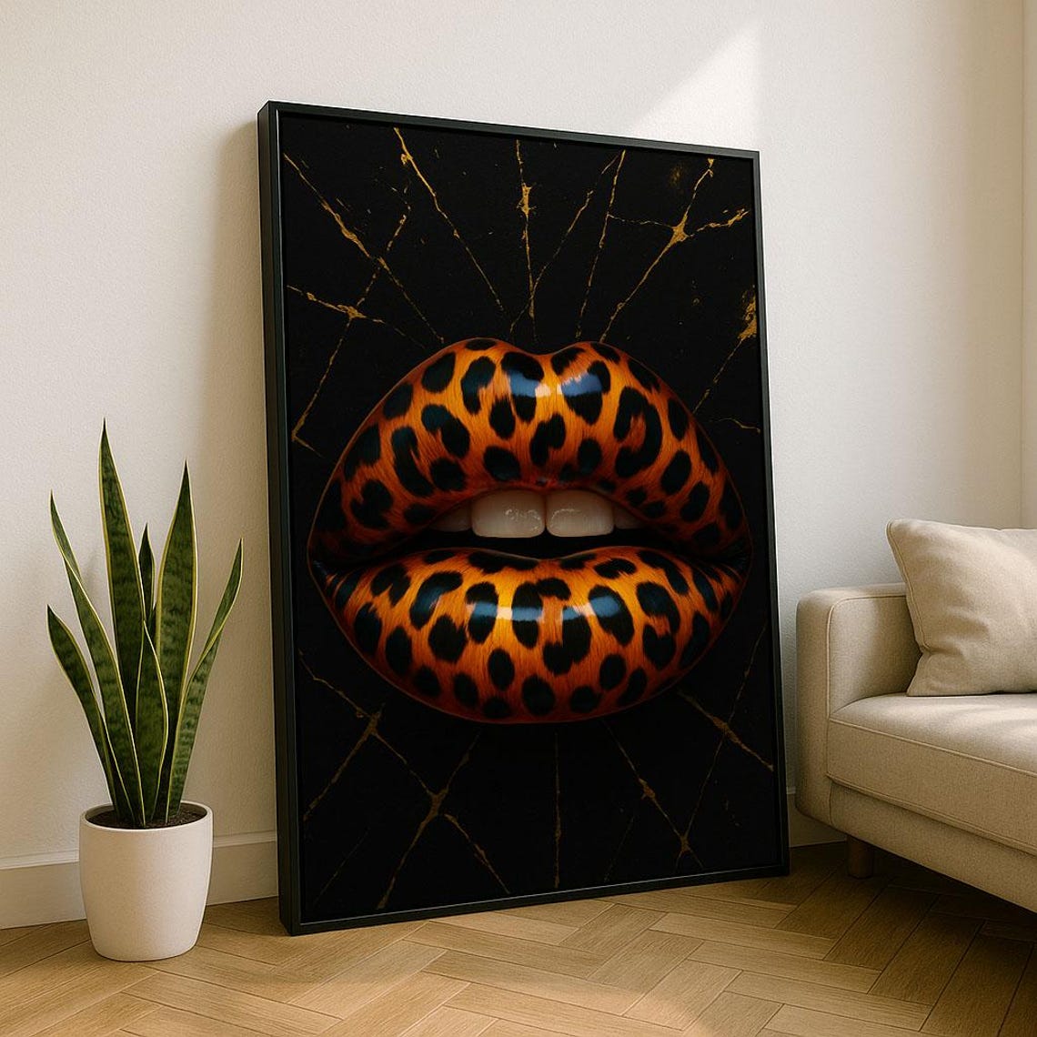 Leopard Print Lips Modern Canvas Wall Art Bold Living Room Decor Statement Piece