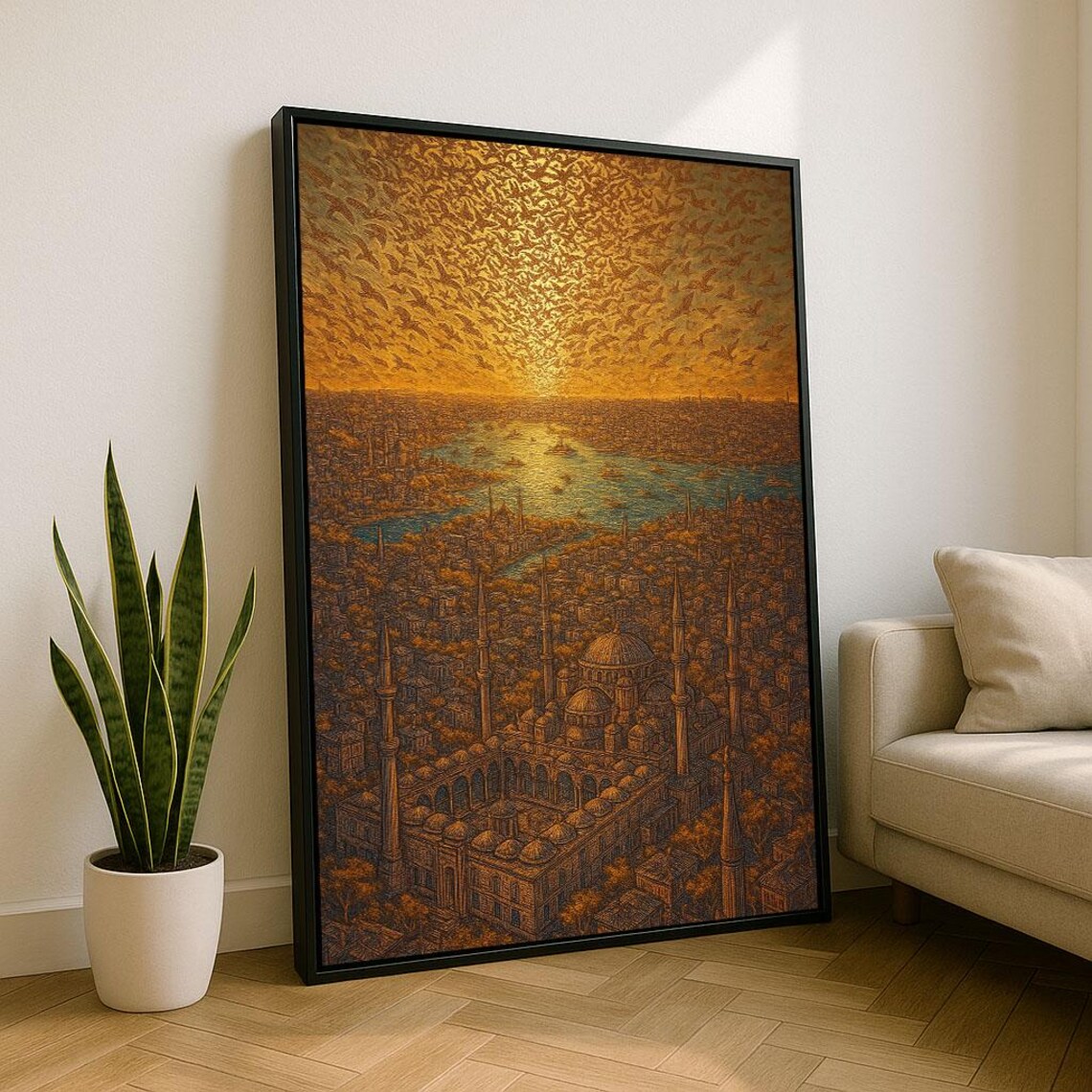 Istanbul Blue Mosque at Golden Sunset Birds Flying Cityscape Poster