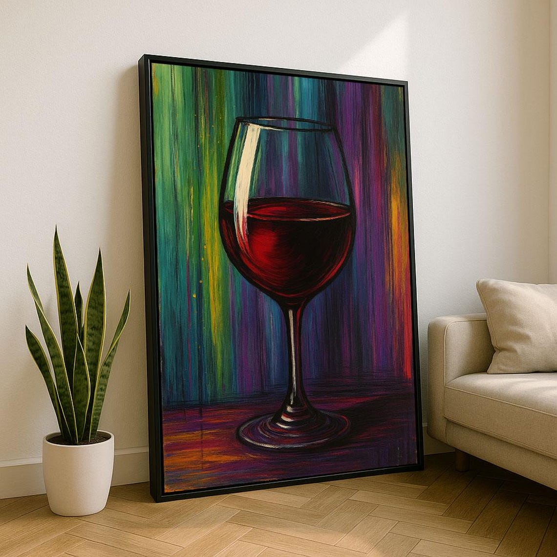 Wine Glass With Red Wine Against Rainbow Striped Background Poster