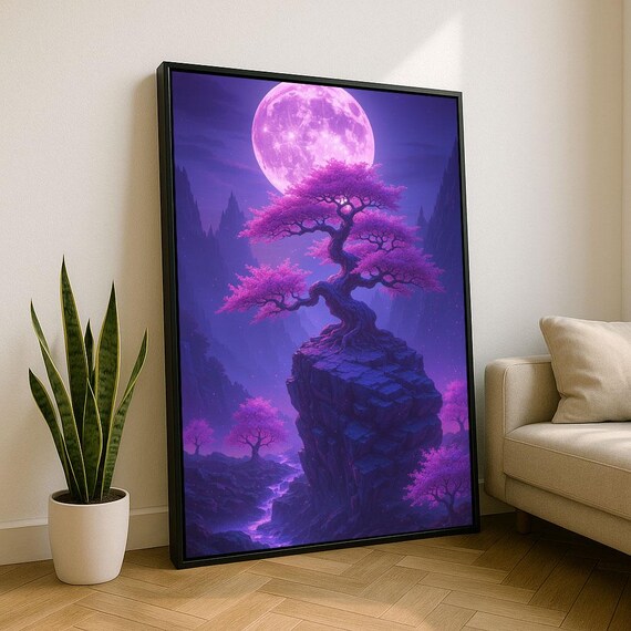 Purple Moonlit Cherry Blossom Bonsai Tree Night Landscape Print