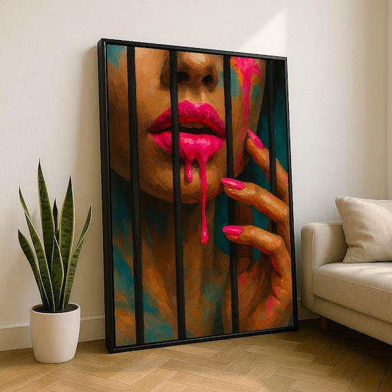 Woman with Hot Pink Dripping Lips Behind Black Bars Bold Painting Poster
