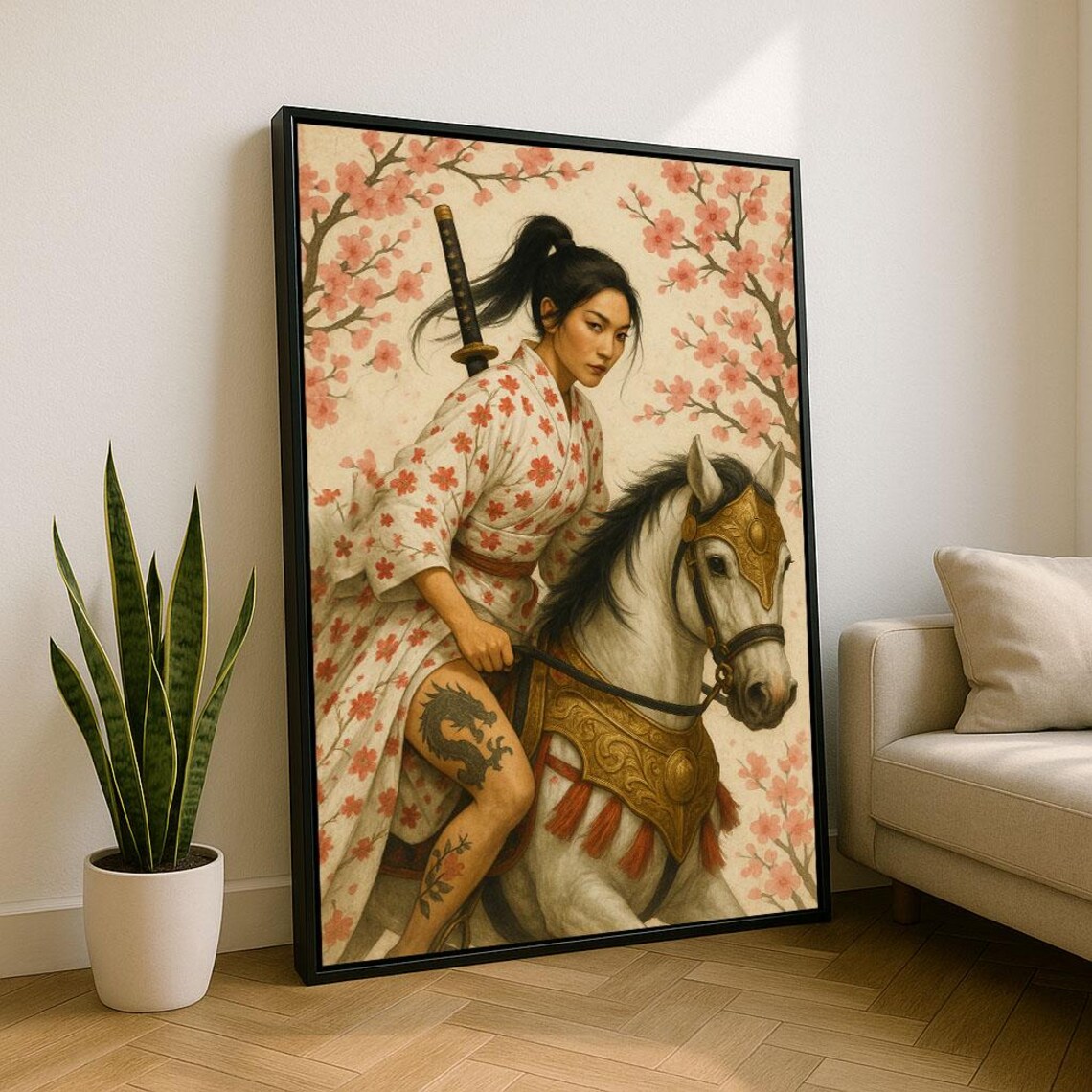 Elegant Samurai Woman White Kimono Horse Cherry Blossom Art Poster