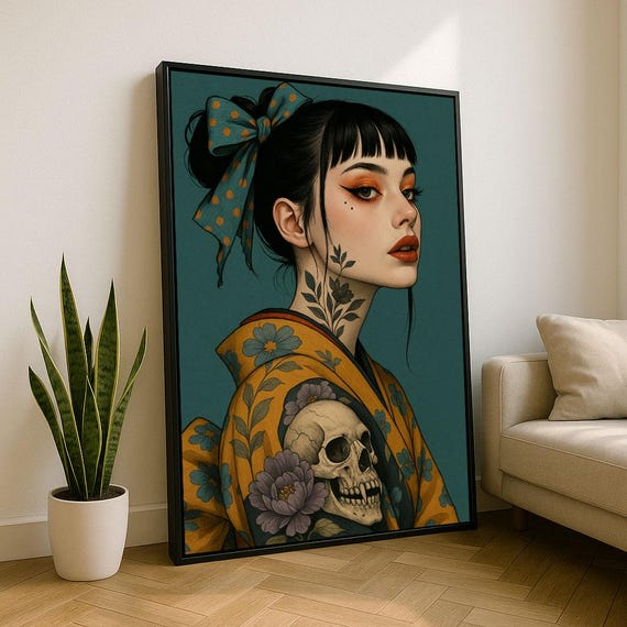 Elegant Japanese Woman With Skull Canvas Wall Art Print Bold Living Room Decor Statement Piece