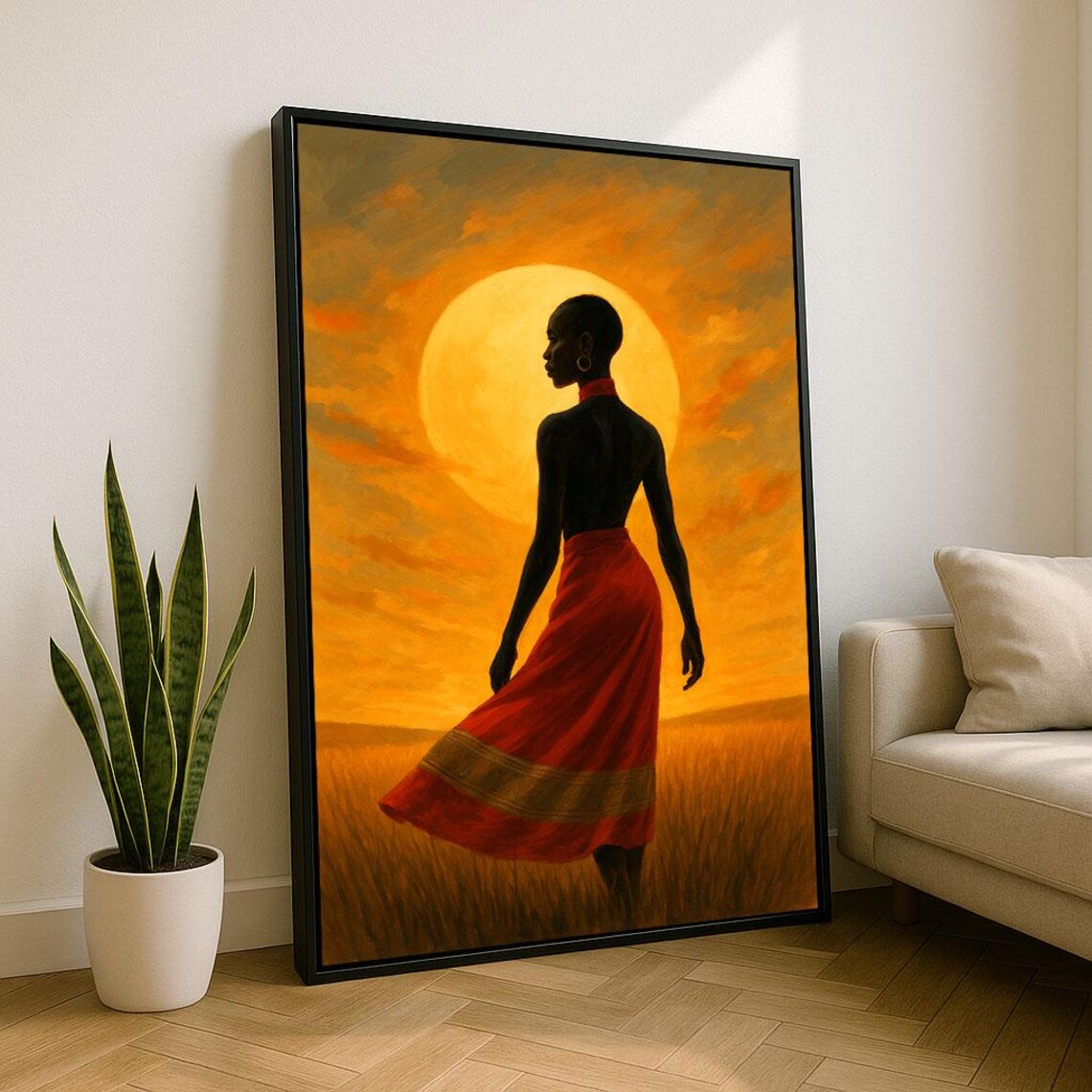 Elegant African Woman Silhouette Golden Sun Red Skirt Savanna Poster