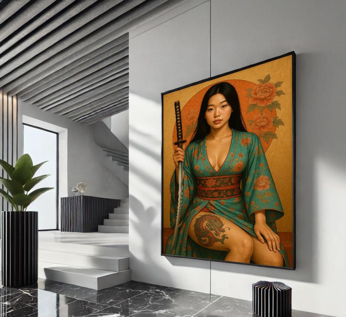 Kimono Woman With Katana Dragon Tattoo And Rising Sun Poster