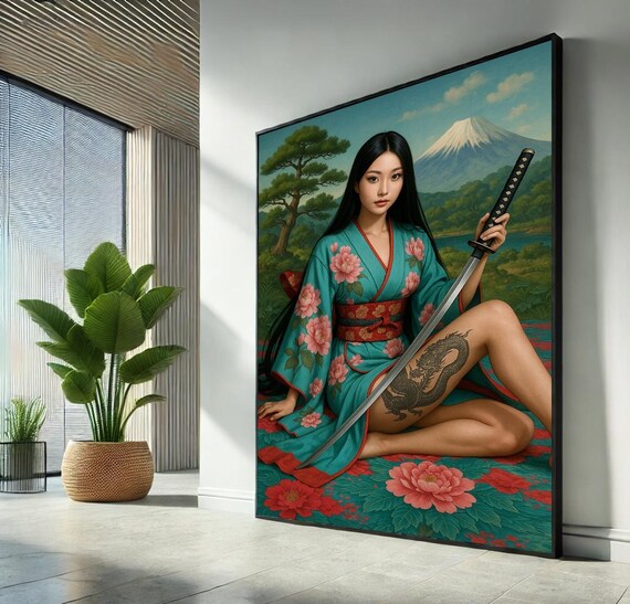 Samurai Woman With Dragon Tattoo Japanese Kimono Canvas Wall Art Print Warrior Decor Katana Girl Poster Zen Home Ready To Hang
