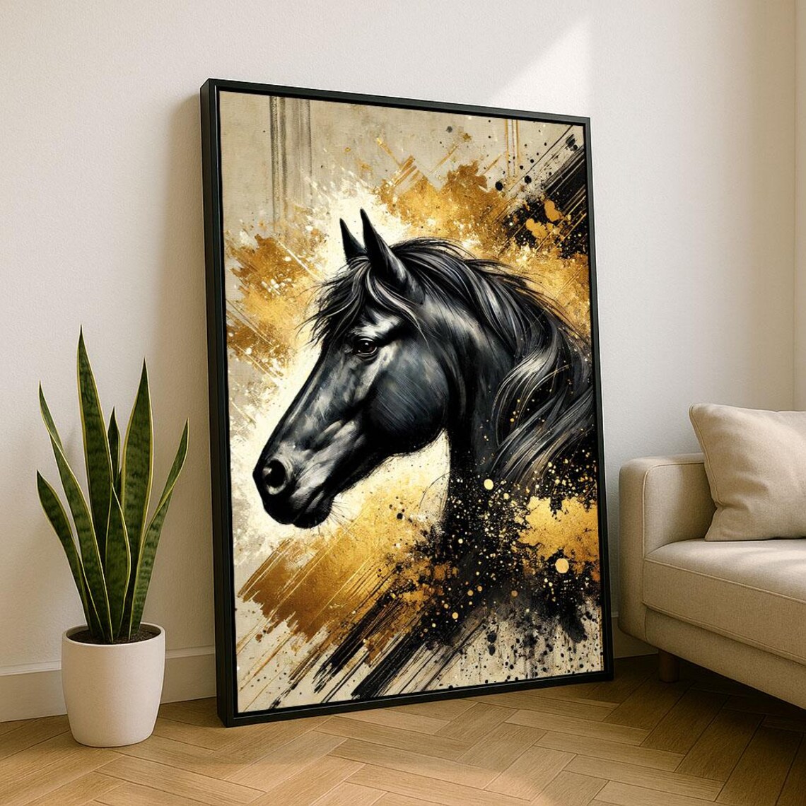 Majestic Black Horse Portrait With Gold Paint Splatter Wall Art