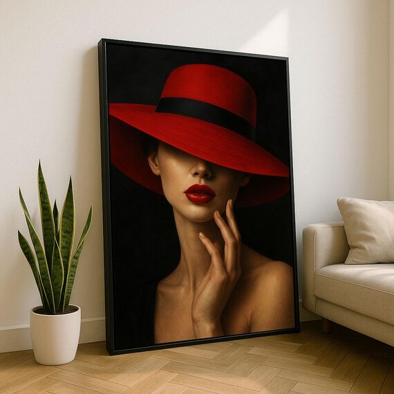 Elegant Woman In Red Hat Canvas Wall Art Print Modern Living Room Decor Statement Piece