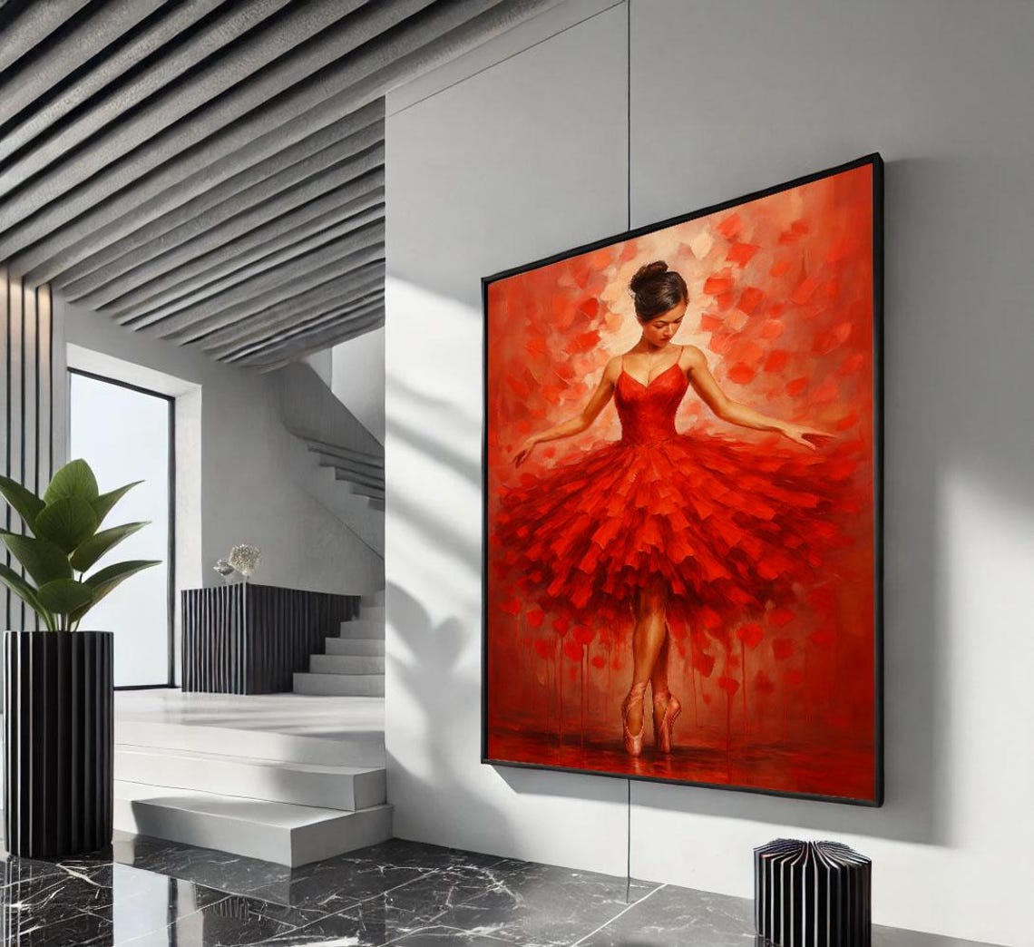 Elegant Ballerina In Flowing Red Tutu Pointe Dance Art Poster