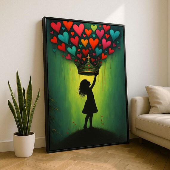 Whimsical Girl With Crown And Hearts Canvas Wall Art Print Vibrant Living Room Decor Statement Piece