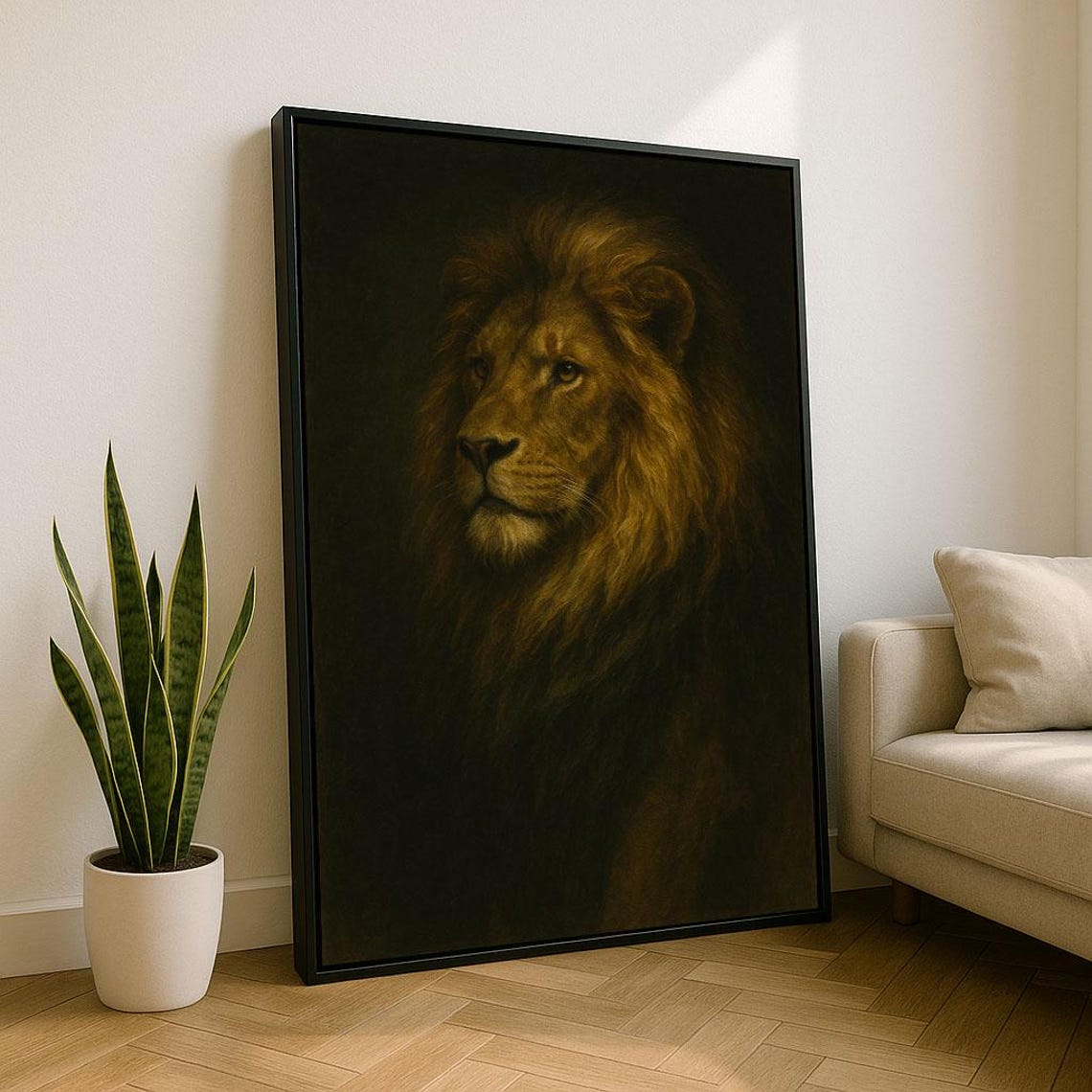 Regal Lion Portrait Dramatic Dark Background Majestic Wall Art