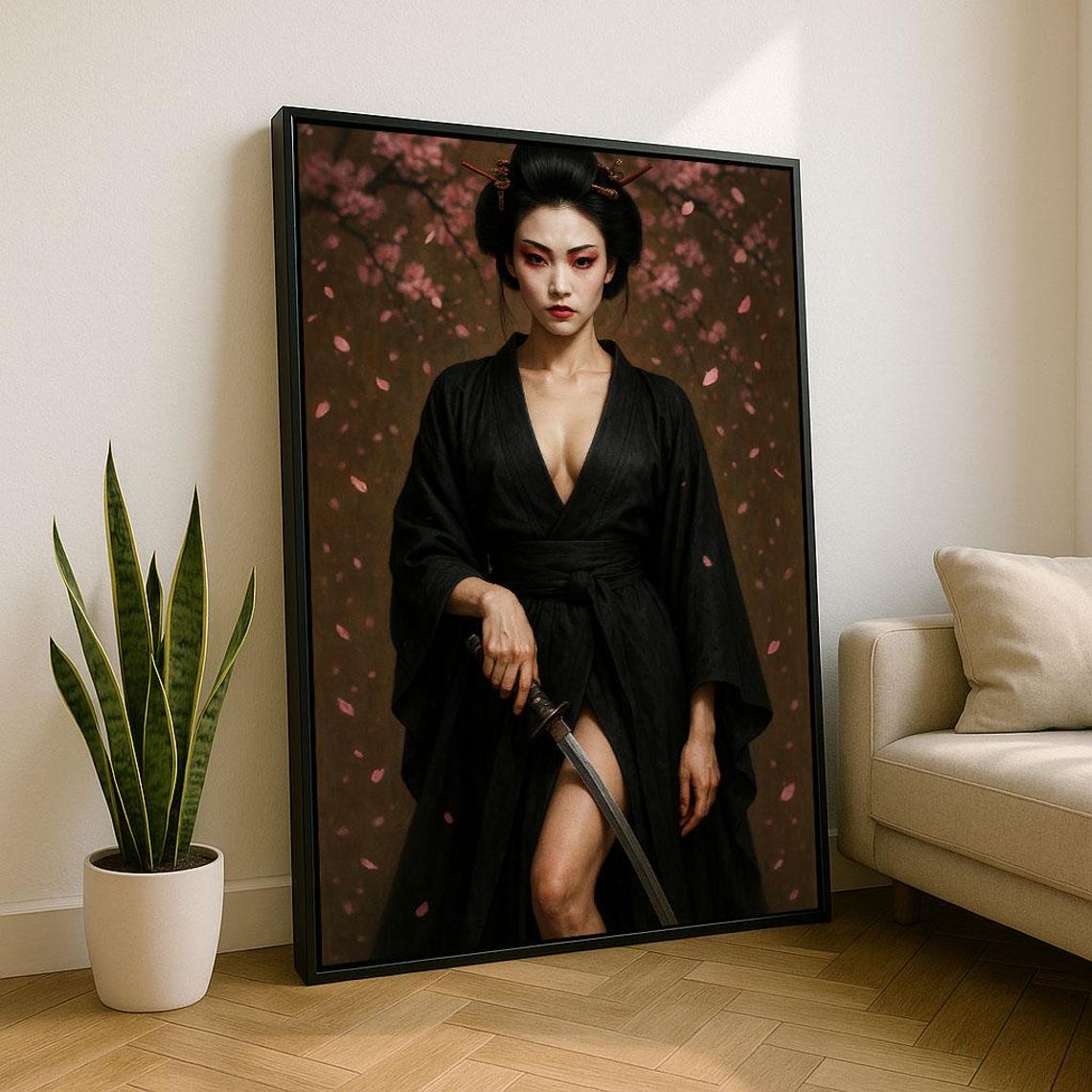 Elegant Geisha With Katana Cherry Blossom Black Kimono Art Poster
