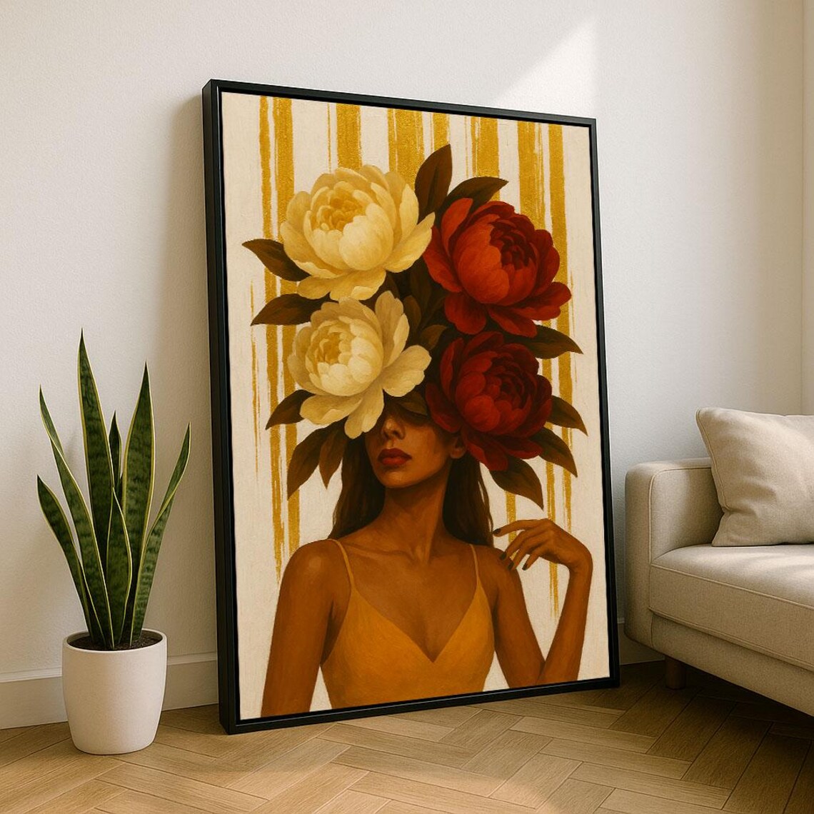 Floral Woman Portrait with Red Peonies Gold Striped Background Poster
