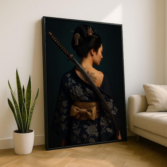 Samurai Woman Katana Gold Obi Floral Tattoo Rear View Oriental Poster