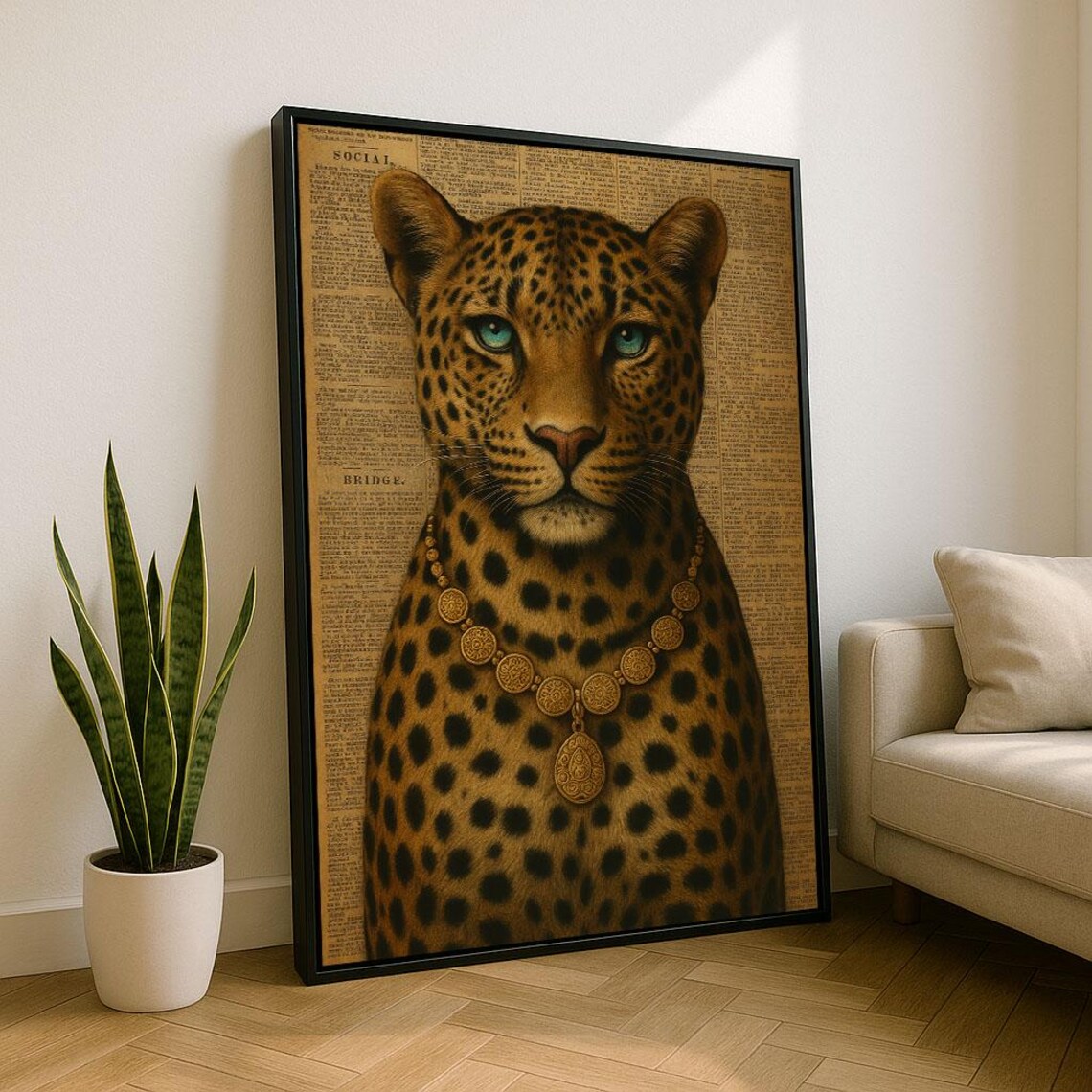 Regal Leopard With Gold Coin Necklace Vintage Newspaper Art Poster