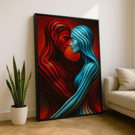 Modern Abstract Couple Canvas Wall Art Print Bold Red And Blue Living Room Decor Statement Piece