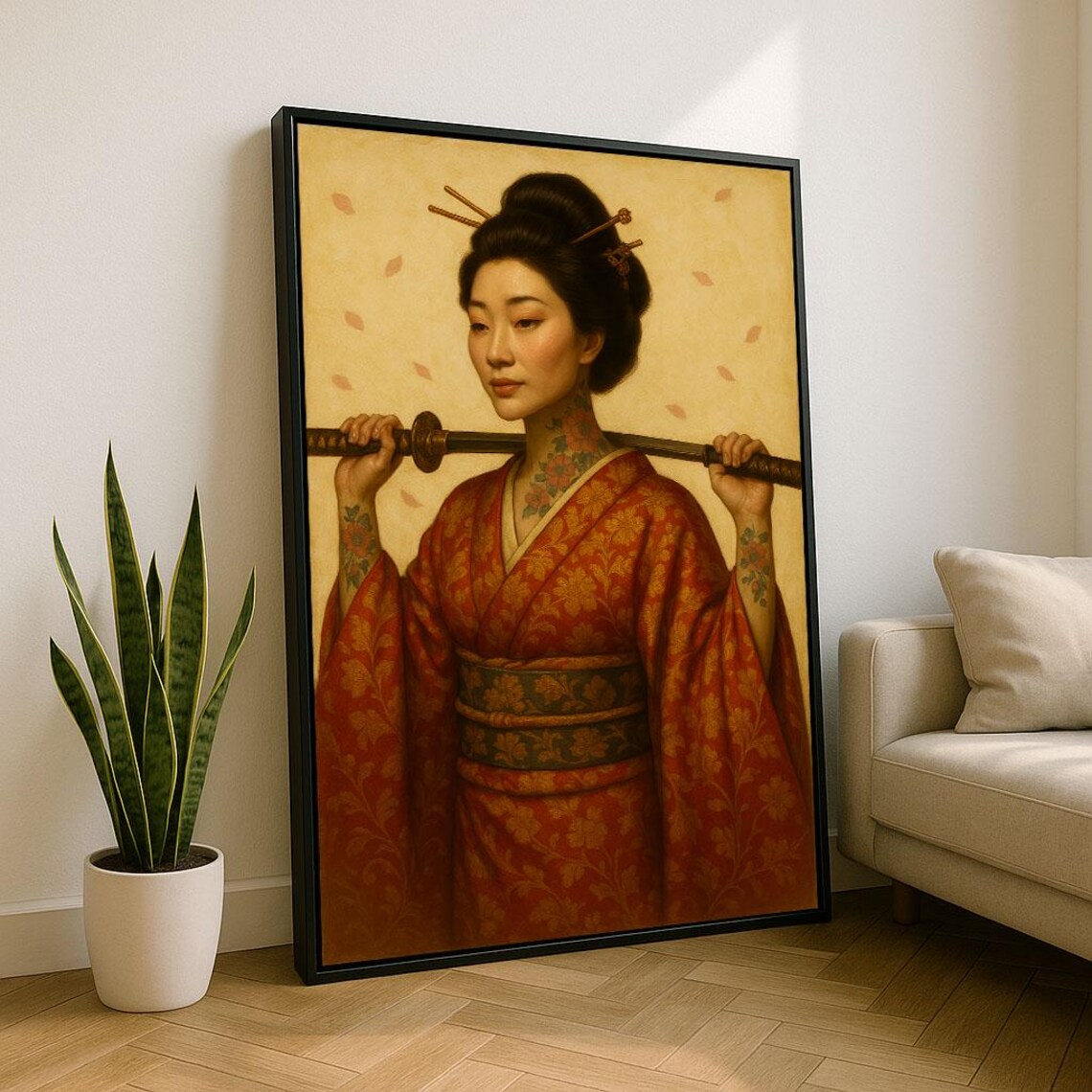 Tattooed Geisha Warrior In Red Kimono Holding Katana Blade Poster