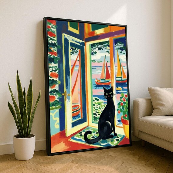 Black Cat by Window Overlooking Sailboats Colorful Coastal Poster