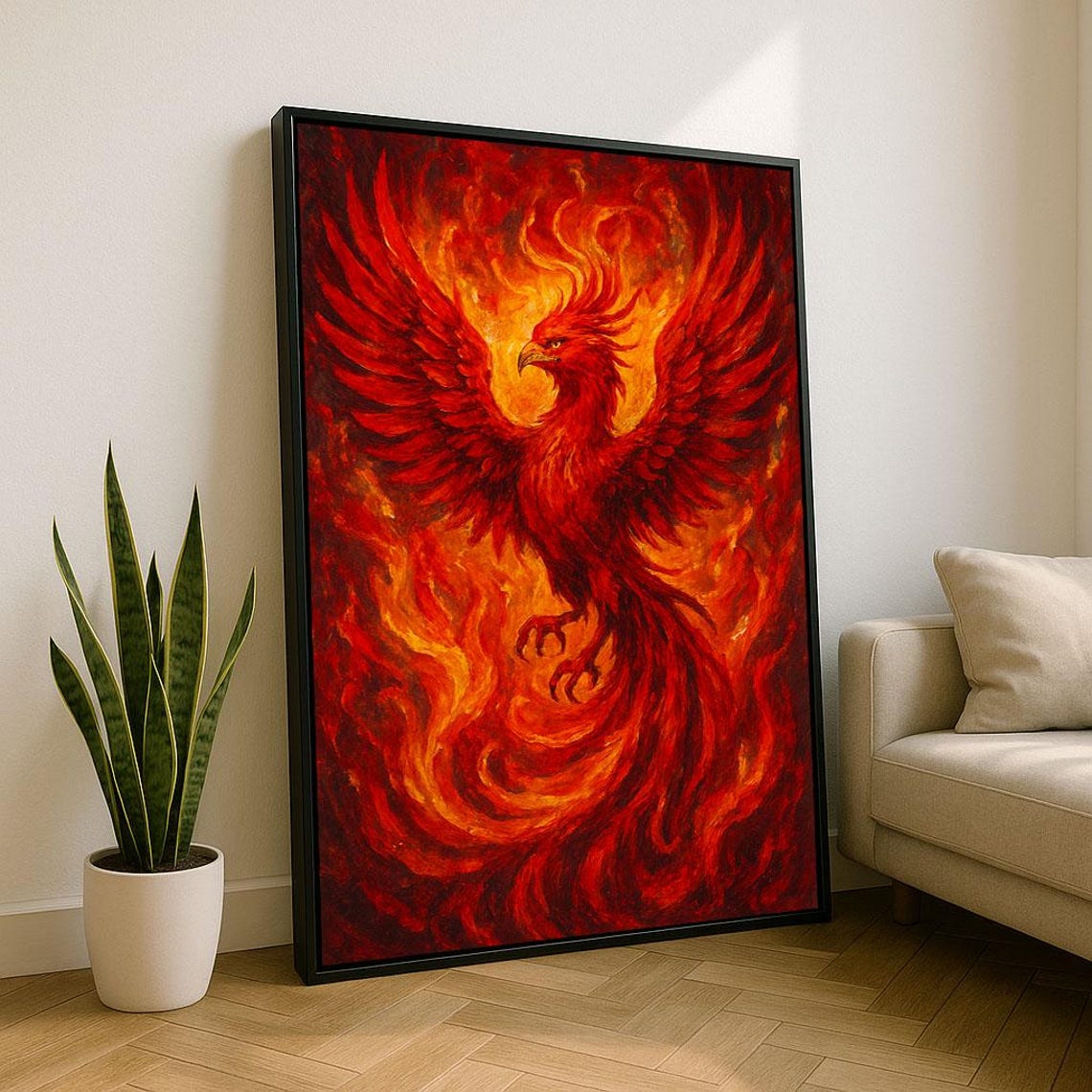 Fiery Red Phoenix Rising Through Flames Dramatic Firebird Poster