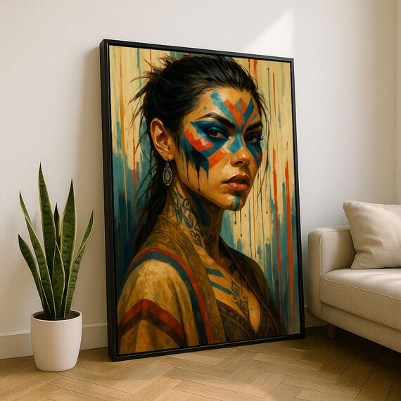 Native Warrior Woman with Bold Tribal Face Paint Portrait Poster