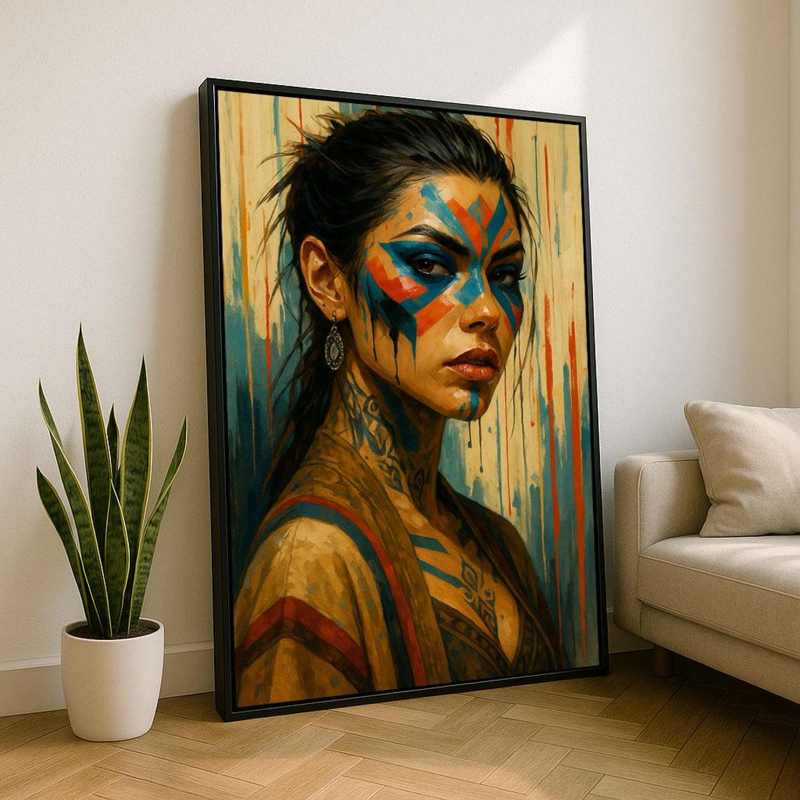 Native Warrior Woman with Bold Tribal Face Paint Portrait Poster