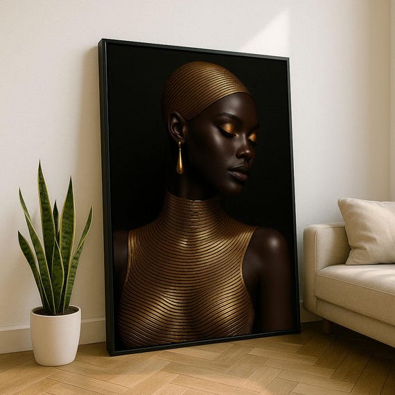 Elegant African Woman Portrait Canvas Wall Art Print Gold Living Room Decor Statement Piece