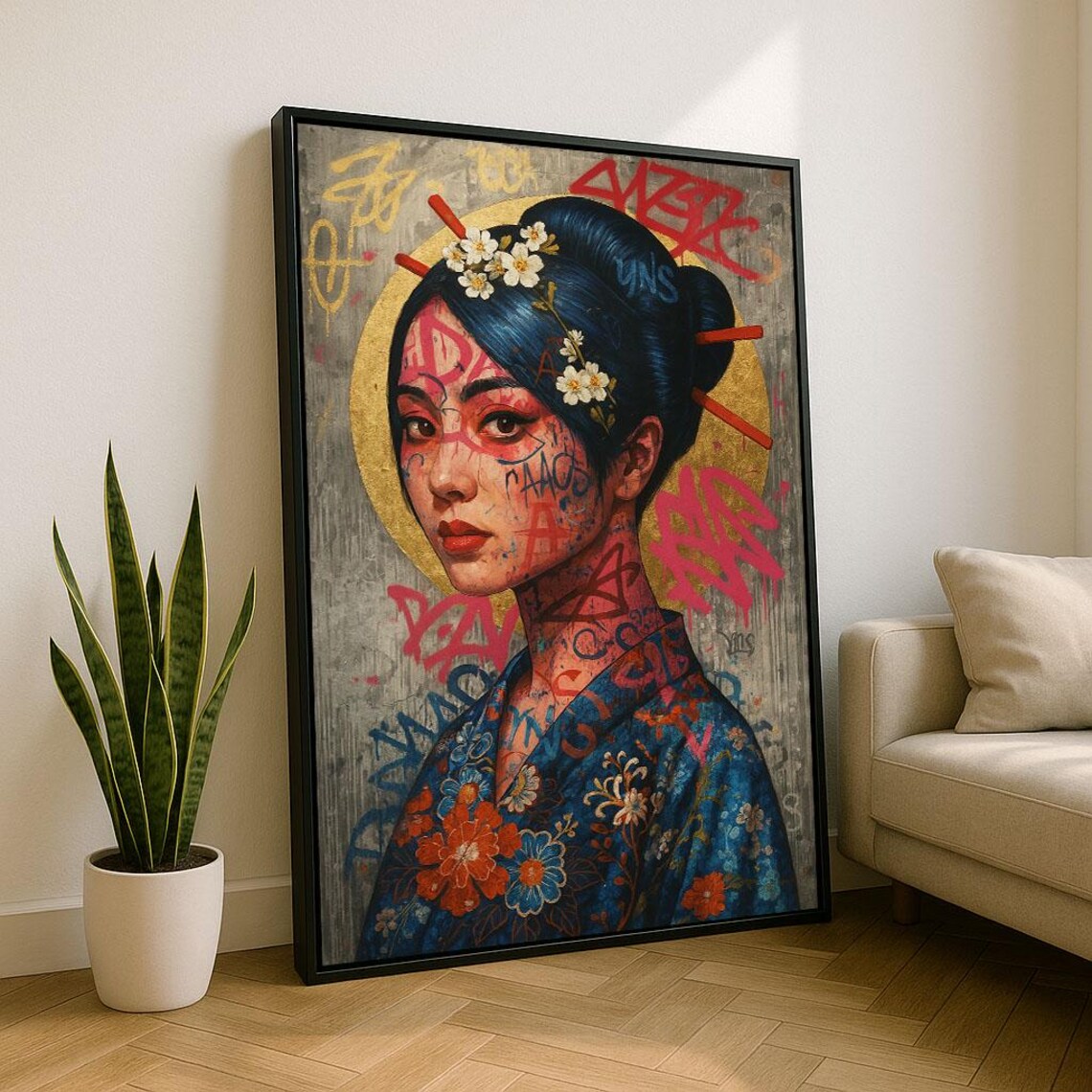 Geisha Graffiti Portrait Cherry Blossoms Gold Halo Street Poster