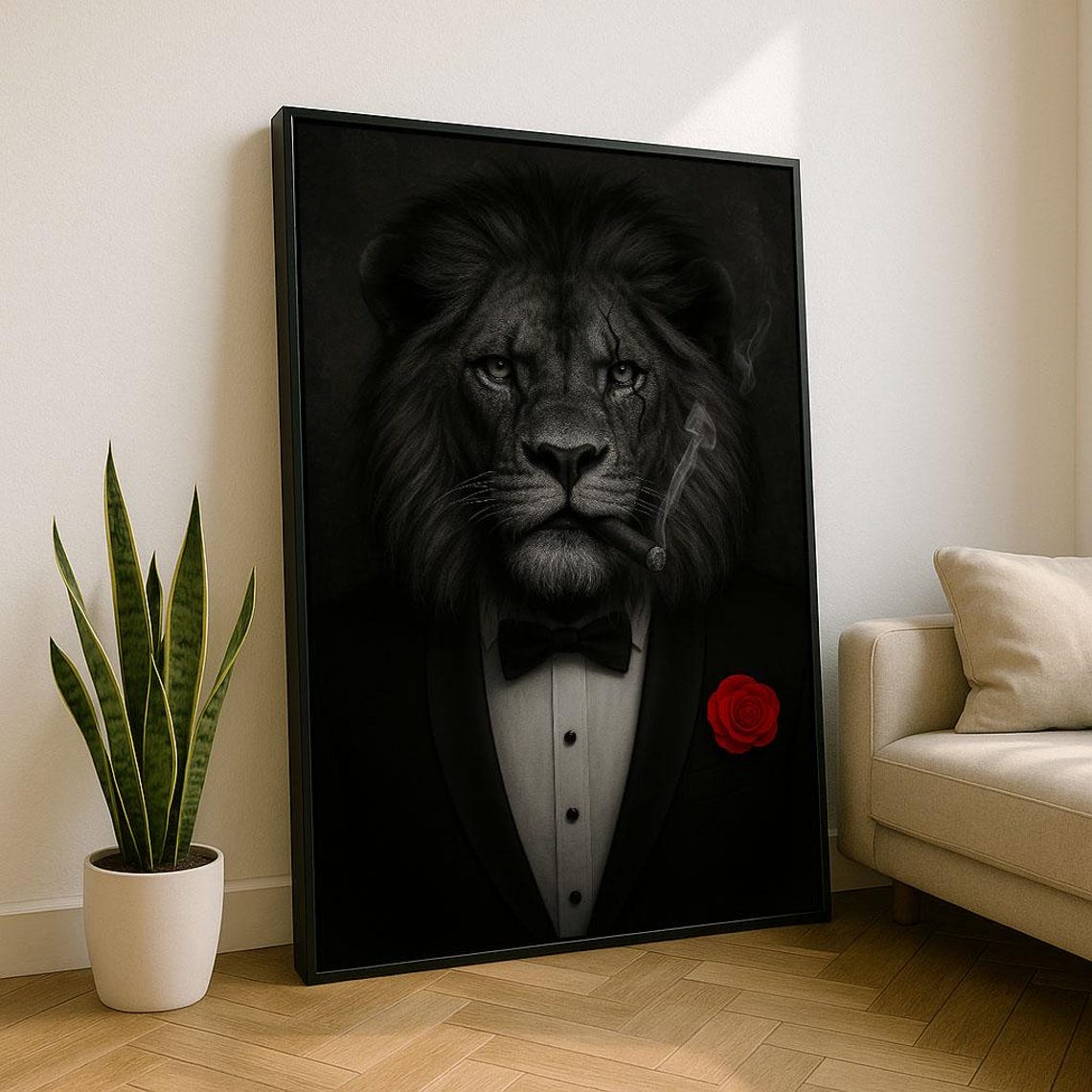 Majestic Lion In Tuxedo Canvas Wall Art Print Modern Living Room Decor Statement Piece