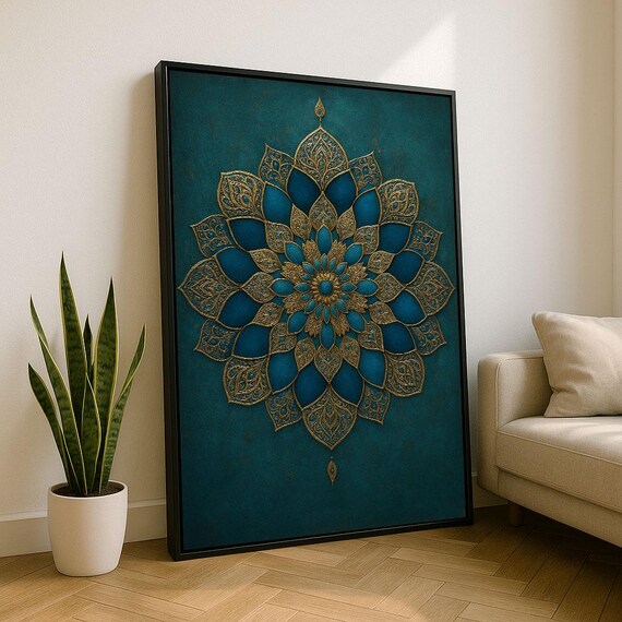 Teal And Gold Mandala Ornate Floral Medallion Spiritual Art Poster