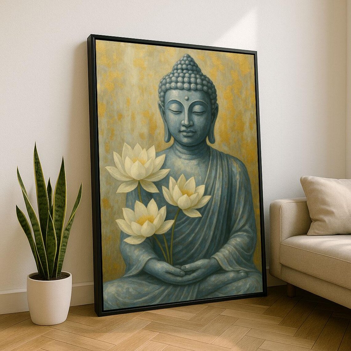 Serene Teal Buddha Statue with White Lotus Flowers Gold Background Poster