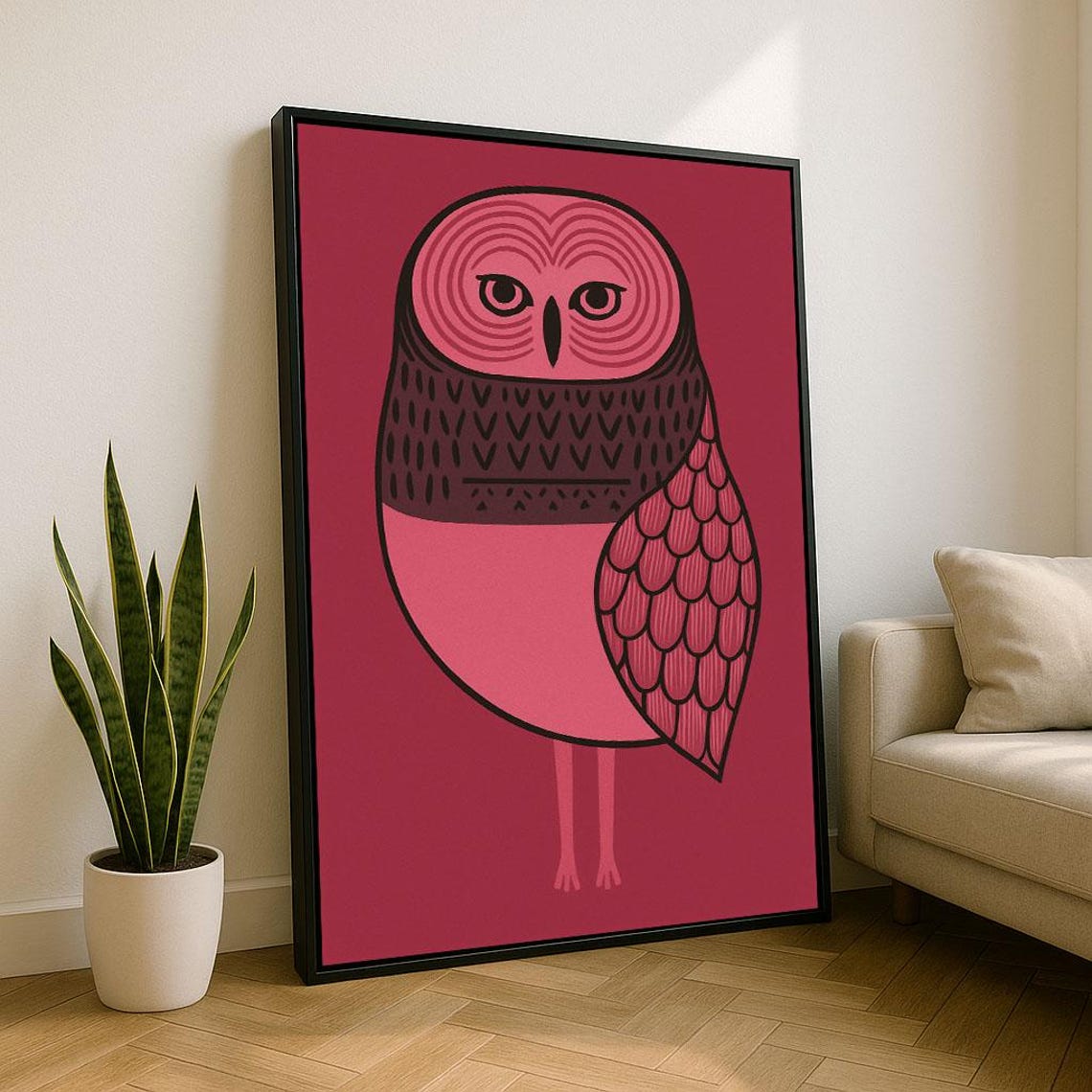Pink Owl Illustration Bold Magenta Mid Century Style Wall Poster